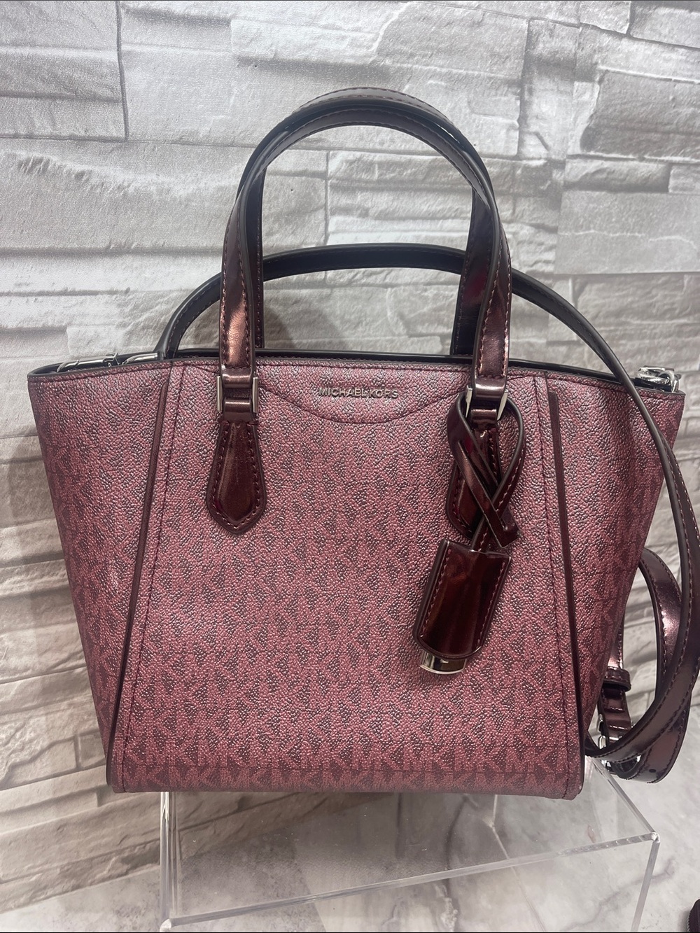 Michael Kors Taryn Metallic Logo Saffiano Tote & Matching Wallet Oxblood - Picture 6 of 13